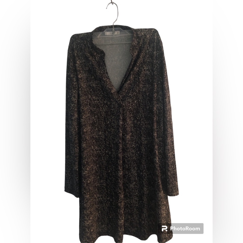 Mango Herringbone Shift Deep V Neck Dress with Asian collar